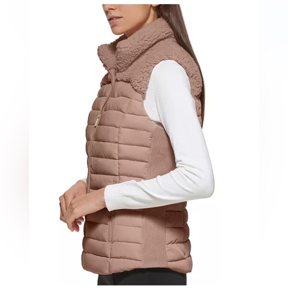 New Calvin Klein Sherpa Trim Puffer Vest - Blush Women's Jacket Sleeveless - Picture 2 of 9